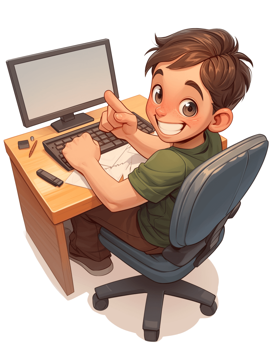 Illustration of a smiling boy sitting at a desk with a computer. He is writing on paper and pointing his finger to the screen in the style of a cartoon.