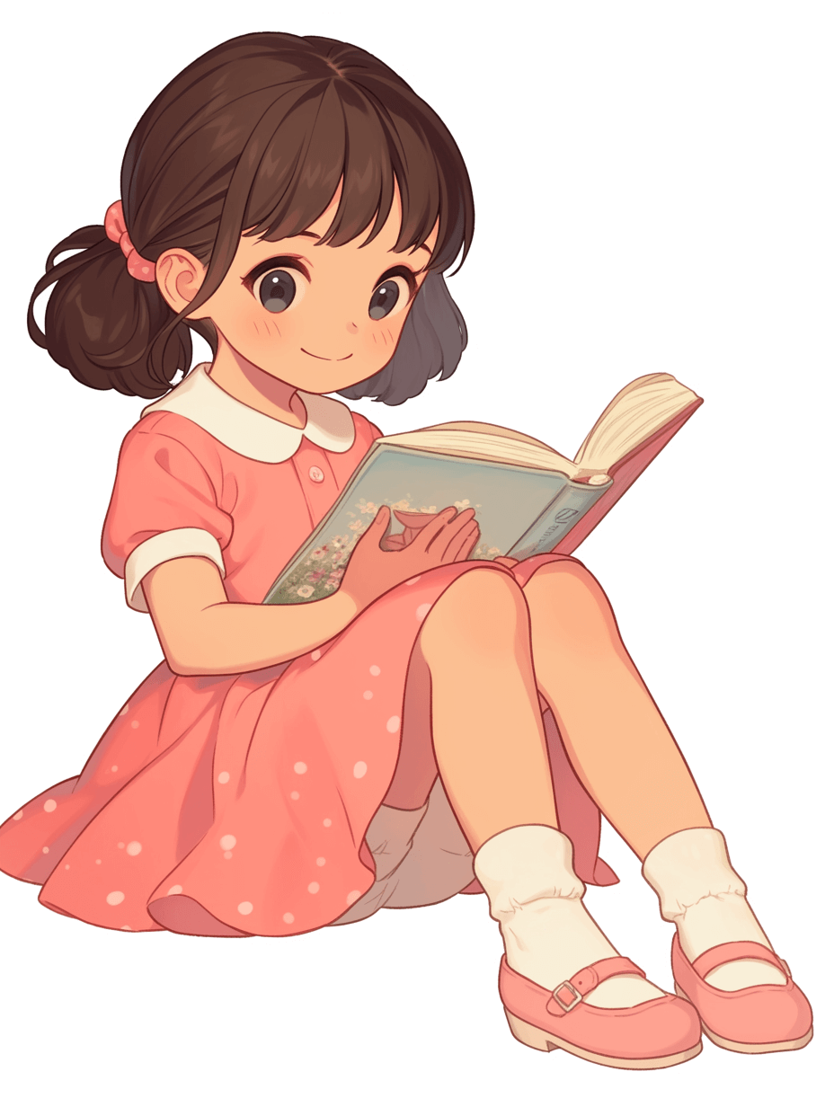 A cute little girl in a pink dress and white socks, sitting on the ground reading a book, with dark brown hair and bangs, in a simple background, in the style of chibi, with flat color illustration and no outline, like a cartoon anime character, shown in a full body shot, with high resolution and no shadow effect, on a white background with high detail.