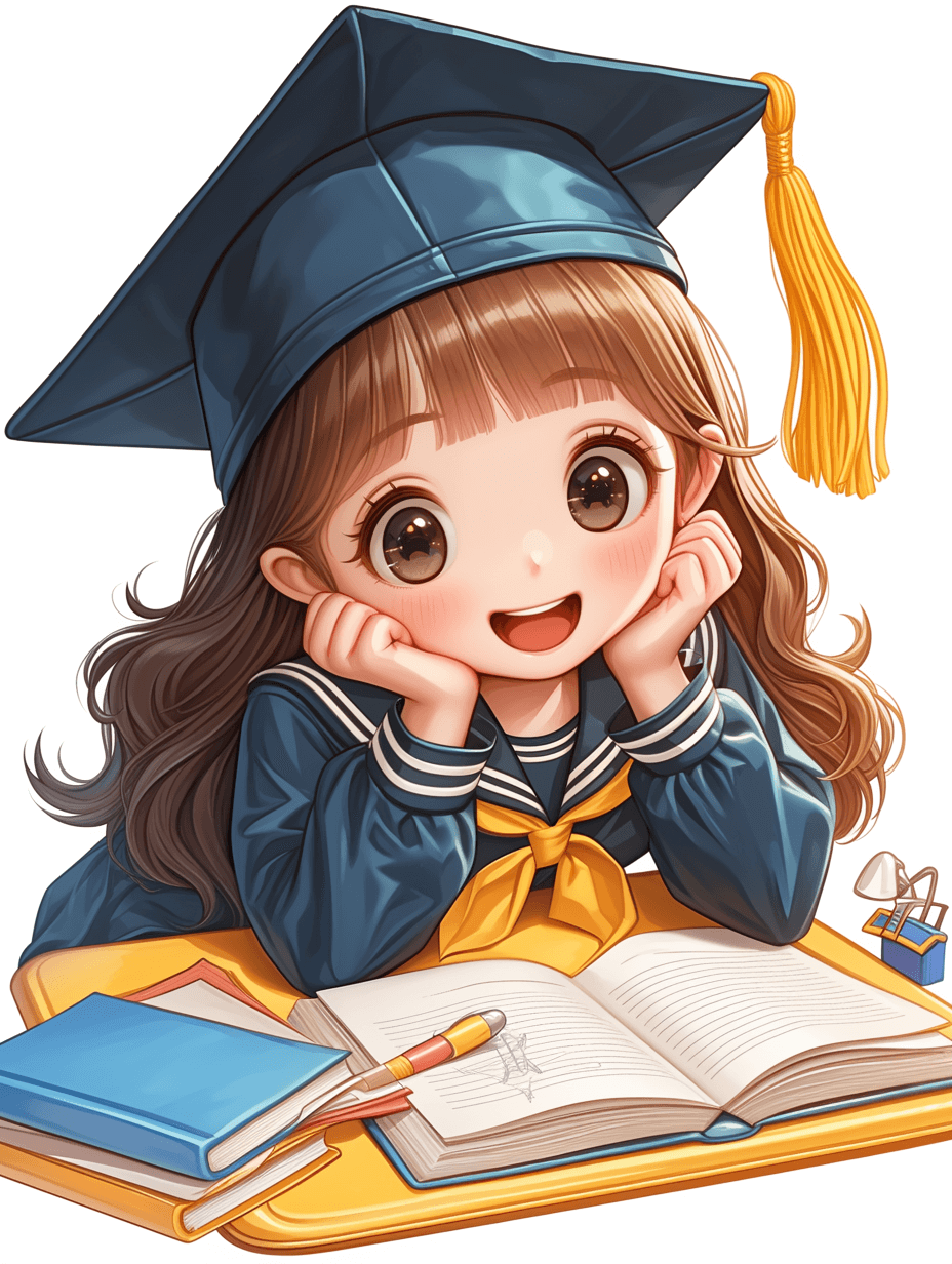 Cute chibi girl in graduation cap and gown, lying on books with pen next to her hand, smiling while looking at camera, transparent background. The style is colorful cartoon illustration with bright colors and detailed facial features. She has long brown hair tied back by yellow ribbon and big eyes that sparkle with joy as she smiles. There’s an open book beside the girl with writing tools scattered around it, adding to its festive atmosphere.