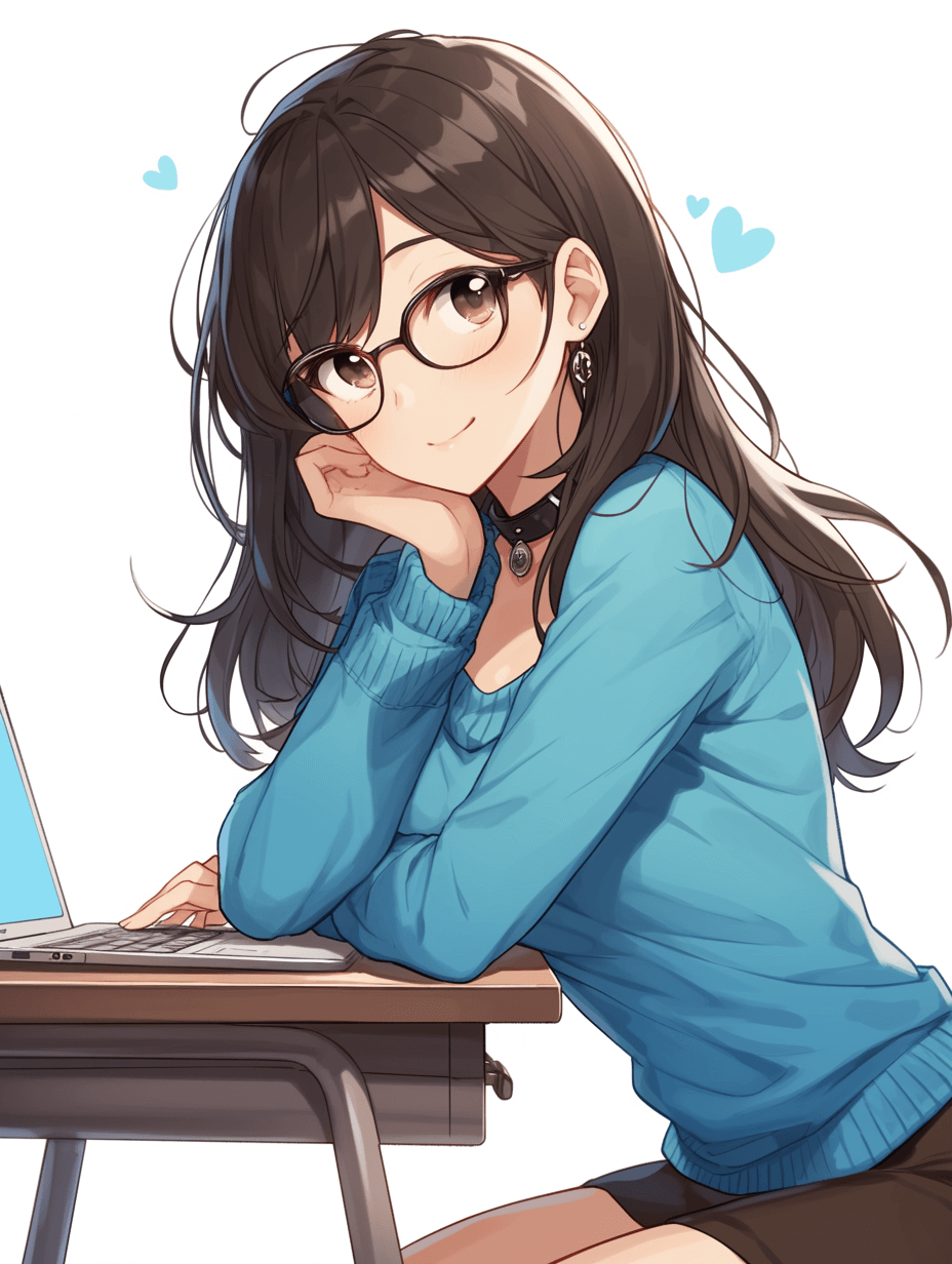 Cute anime girl sitting at desk, wearing blue sweater and black skirt, glasses, dark brown hair, long straight hairstyle, heartshaped bangs, smiling expression, hand on chin, laptop computer, white background, high resolution, no text or letters in the picture.