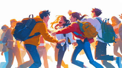 A group of students fighting with backpacks, flat design, vector illustration style, white background, colorful colors, simple lines and shapes, children's book illustrations, cute characters, happy expressions, full body portrait, high resolution, high detail, closeup, warm light, cheerful atmosphere. The young man is holding the girl in his arms as they run away together. They both have smiles on their faces. It feels like it was drawn by an artist from shoulders up.