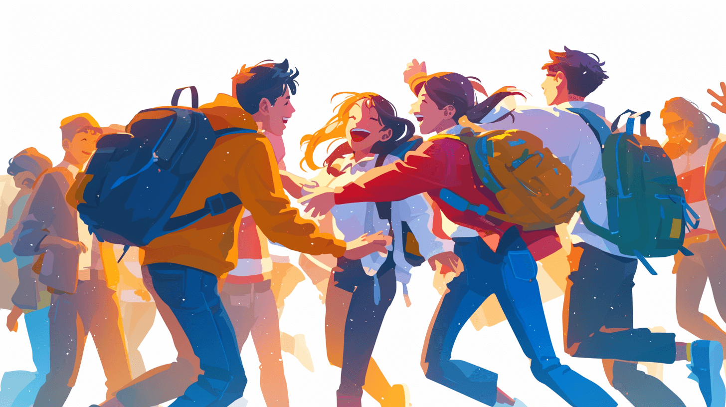 A group of students fighting with backpacks, flat design, vector illustration style, white background, colorful colors, simple lines and shapes, children’s book illustrations, cute characters, happy expressions, full body portrait, high resolution, high detail, closeup, warm light, cheerful atmosphere. The young man is holding the girl in his arms as they run away together. They both have smiles on their faces. It feels like it was drawn by an artist from shoulders up.