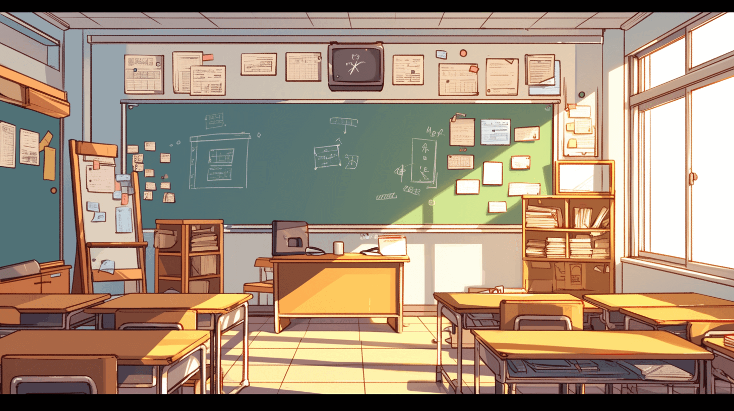 Cute cartoon style, American high school classroom with a blackboard and desks, warm sunlight shining in through the window on one side of the room, and many papers pasted to the walls behind it. The entire scene is depicted in a 2D flat design, creating an atmosphere reminiscent of classic anime illustrations in the style of anime.