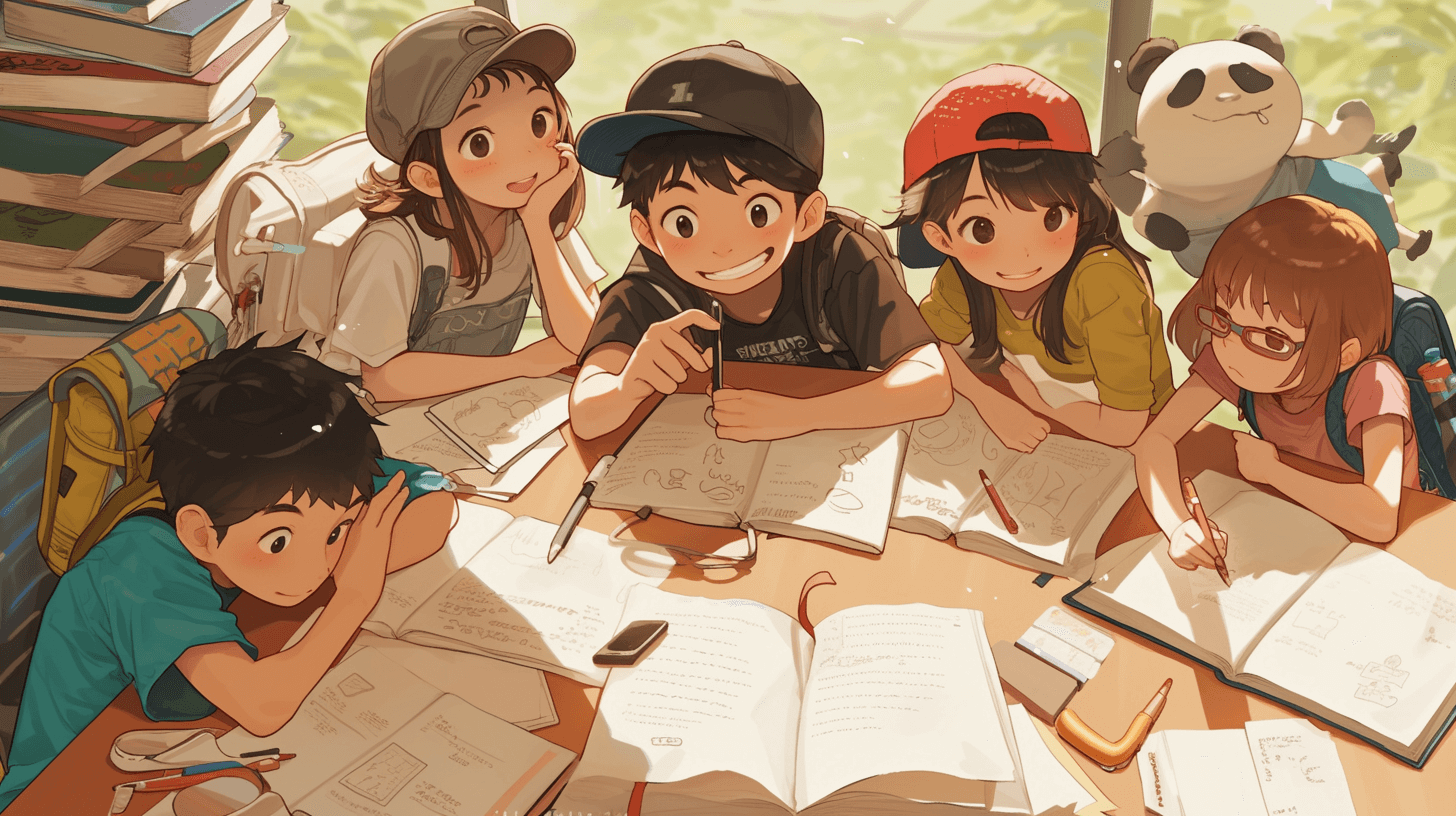 A group of children with baseball caps holding pens are surrounded by books on a table, drawing in their schoolbooks. The scene is set outdoors under bright sunlight, depicted in the style of an anime illustration.