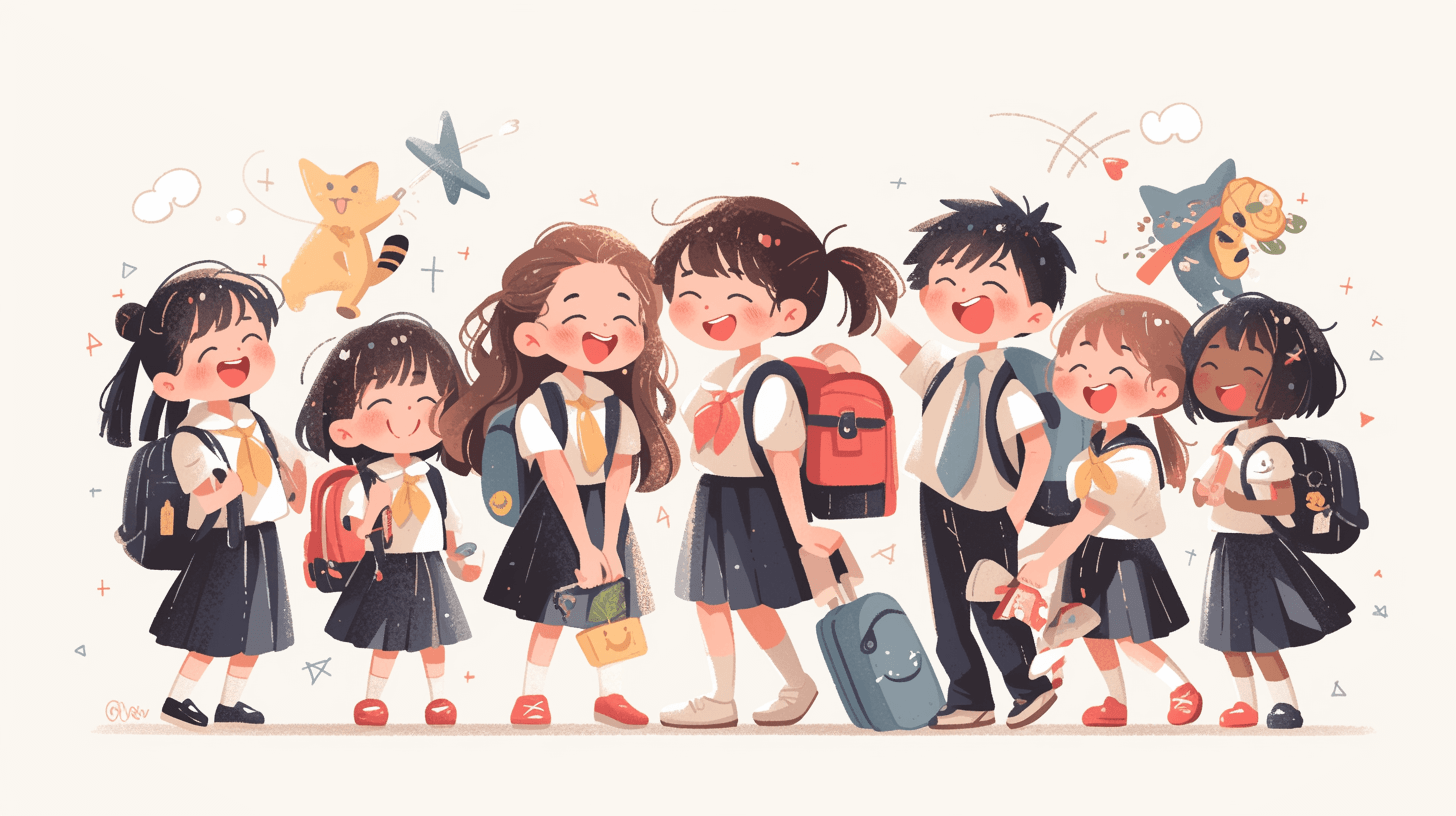 A group of cute children in school uniforms, smiling and holding backpacks or books, with simple shapes like stars, clouds, cats, dogs, cars, flowers around them. The illustration is in a flat style with a white background. It is a high resolution, professional digital artwork featuring charming character illustrations in the style of cartoon realism. The artwork uses simplified lines and vector graphics in a cute doodle art style.