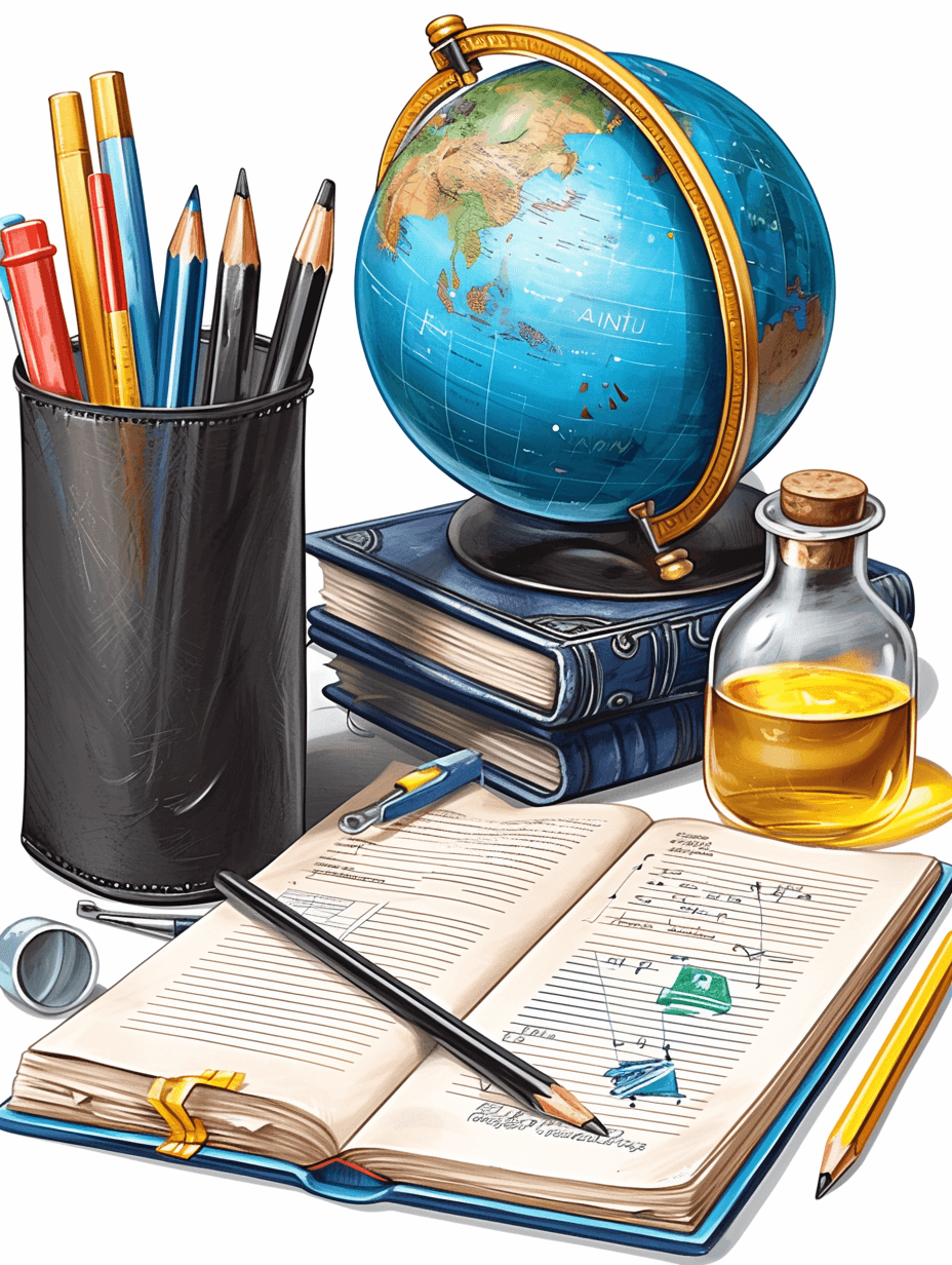 Illustration of school supplies, a globe and books on a white background, digital art with realistic details in the style of a hyperrealistic digital painting. The digital illustration is of professional quality with high resolution and sharpness. It contains intricate details without any blurring or grainy textures. The composition is perfect with very detailed hyperrealistic style.