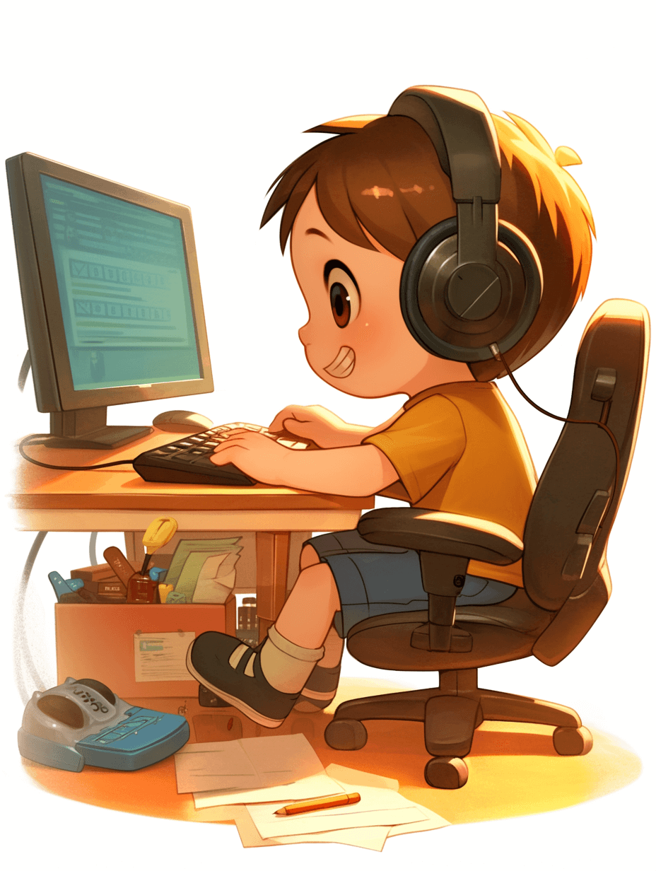 A little boy is sitting at a computer desk, wearing headphones and playing games. The background color of his office chair is white. He has short brown hair with bangs hanging down. Yellow t-shirt, black shoes, simple cartoon style, bright colors, high-definition details, cartoon characters on a white solid background. The artwork is in the style of a simple cartoon.