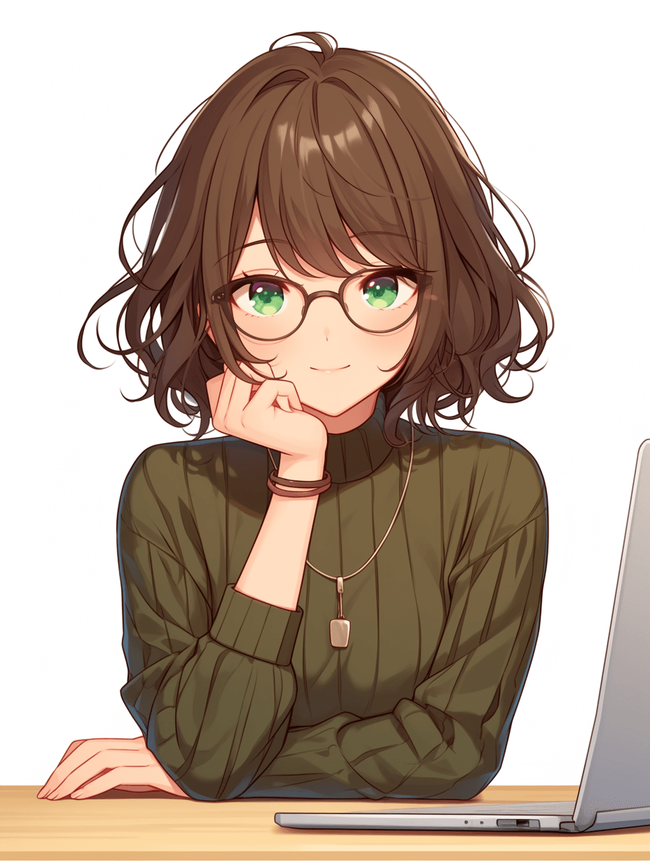 A cute girl with brown hair and green eyes wearing glasses is sitting at her desk, holding her chin in front of an open laptop computer. She has short curly bobbed hair. The background color should be white to highlight the character and focus on her face. In the style of anime. A simple illustration. Full body portrait.