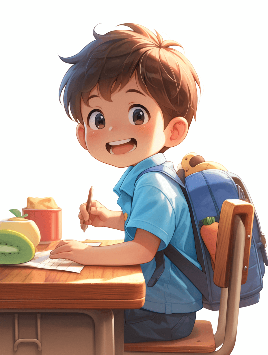 A cute little boy is sitting at his desk, smiling and holding a pen in one hand while writing on the paper with the other hand. He has short brown hair and wears blue . On top of the desk there are also some food items such as fruits or snacks, and he carries a backpack over his shoulder. The background color should be white to highlight the character and focus attention on his face and hands, in the style of anime.