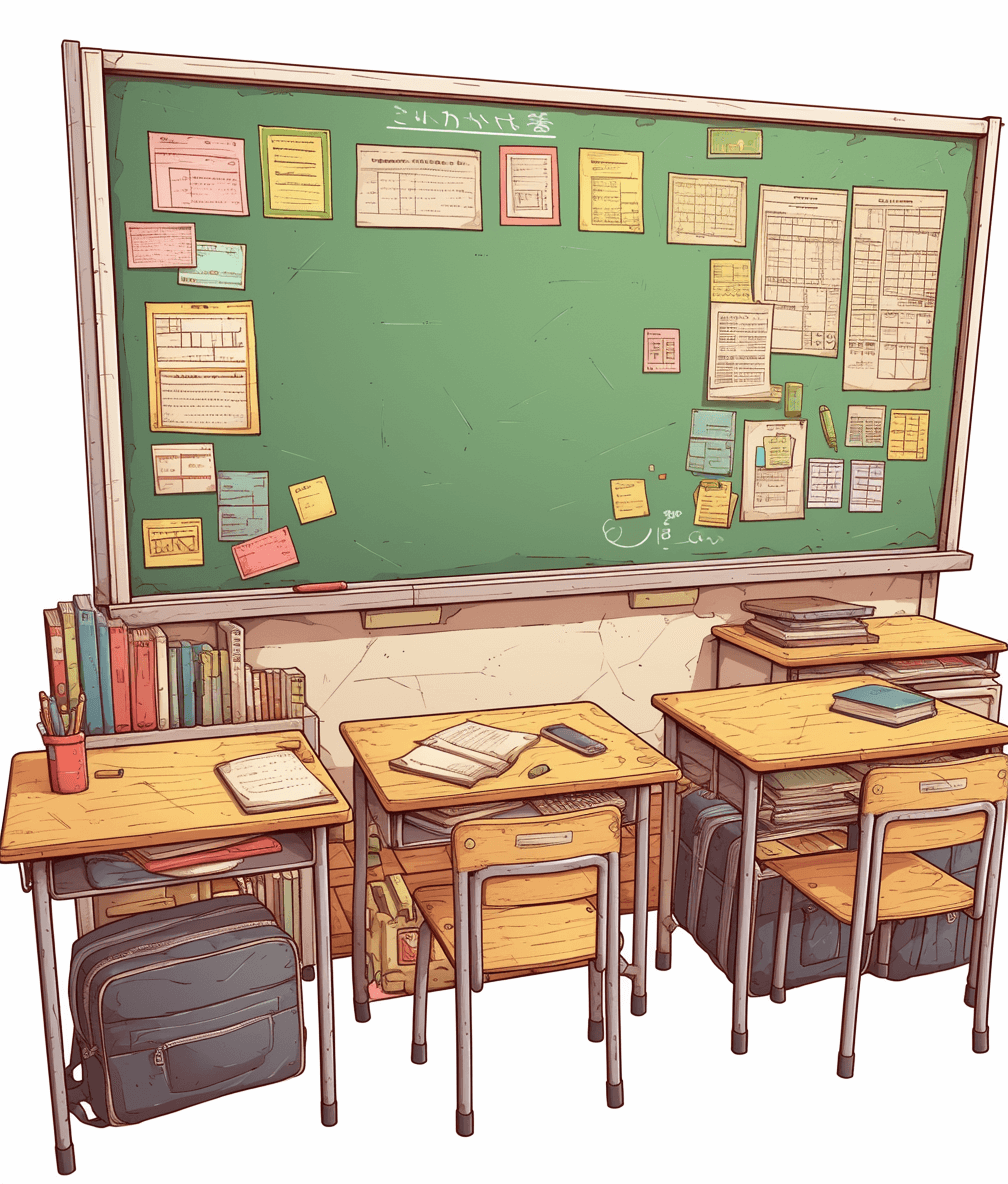 Cute cartoon vector style poster of an empty Japanese classroom with desks and chairs, books on the tables, blackboard in front of it with notes written on it in the style of paper and post-it notes pasted everywhere, white background, cute