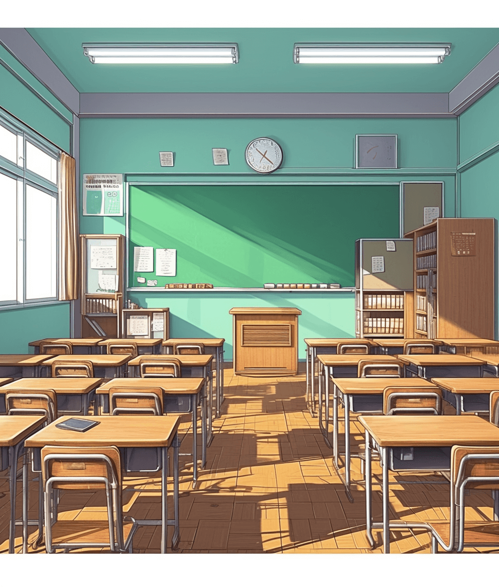 High school classroom illustrated in the style of Japanese anime with a flat design, simple background, wooden desks and chairs, sunlight shining through the window into the room. The illustration has a simple color palette, simple lines and shapes, and simple details. It depicts a high angle view of a classroom with a green blackboard and simple coloring, lines, and shapes in the style of Japanese animation.