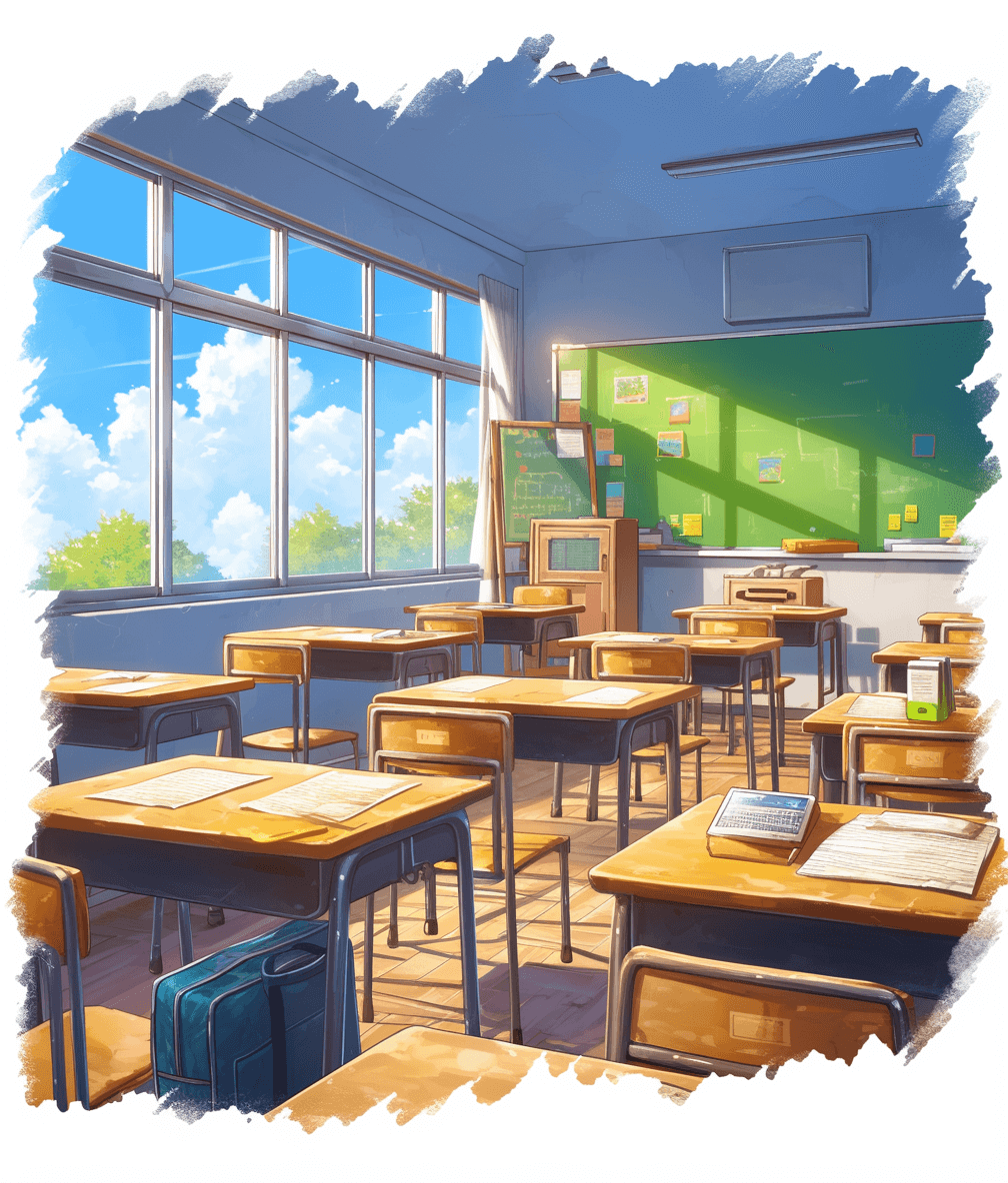 High school classroom illustrated in the style of anime, with a cartoon illustration using simple lines and bright colors. The scene has no characters and depicts wooden desks and chairs, a green chalkboard with colorful writing, and a blue sky outside seen through large windows. Bright sunlight casts shadows across the room.