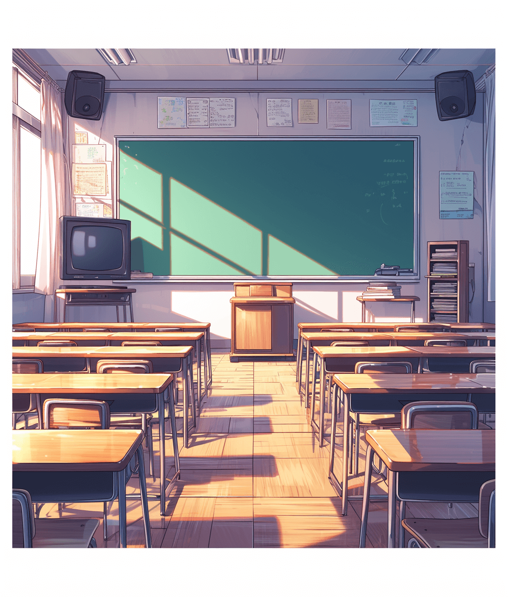 High school classroom with a blackboard, desk and chair in front of the class, in the style of anime with a simple background, flat illustration using bright colors, high resolution and ultra detailed style, cartoon style with a high angle view and wide shot, warm light and low contrast, sun shining through the window on the right side, television placed on the left back wall, soft shadow and a green color palette, colorful and depicting a sunny day.