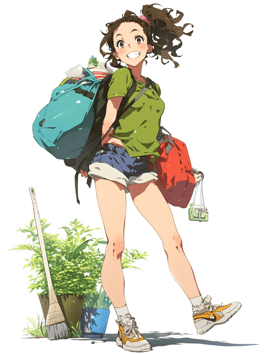 A happy girl in shorts and a green T-shirt, with curly brown hair, smiling happily at the camera, stands on her feet wearing sneakers. She has two large backpacks behind her, one of which is filled with various cleaning items from brooms to mops, all colorful, against a white background, in an anime style, with a character design in the style of [Hayao Miyazaki](https://goo.gl/search?artist%20Hayao%20Miyazaki), a full body shot, with high resolution, high detail, and high quality.