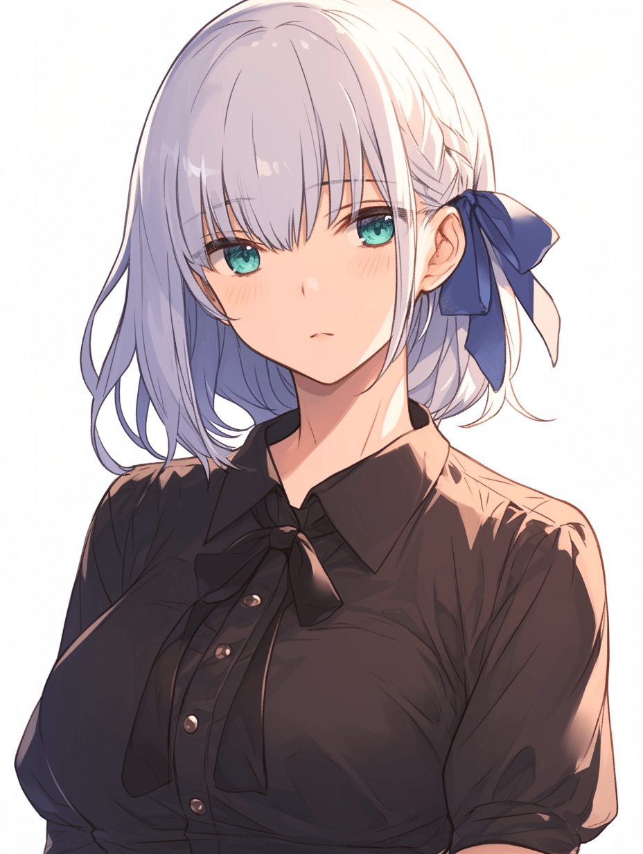 White hair, blue eyes, black blouse with bow on the shoulders, in the style of anime, white background, high resolution, no shadows