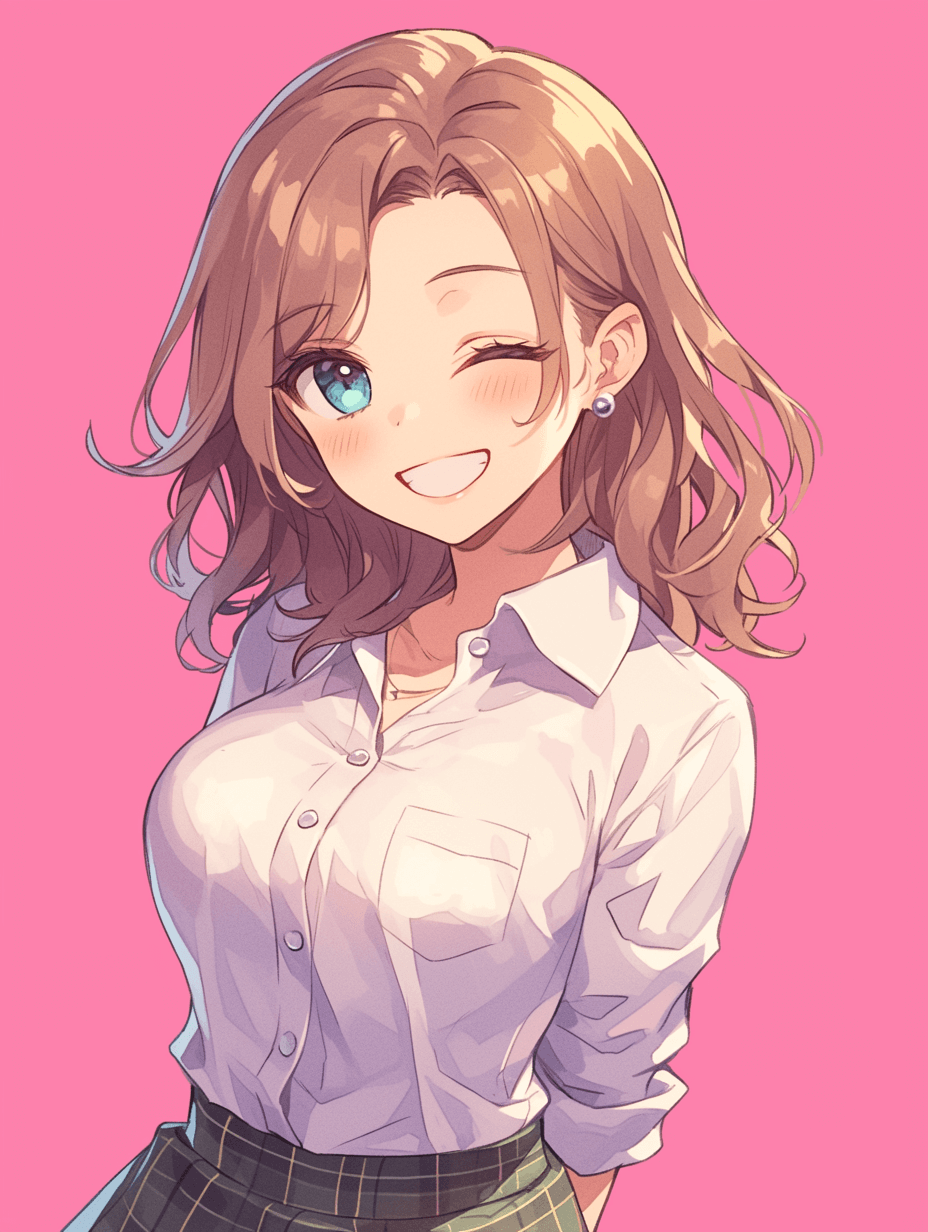 Anime style, smiling girl with blue eyes and brown hair in a white shirt with buttons, a plaid skirt, pink background, simple design, bright colors, simple lines, simple details, simple drawing in the style of an anime artist.