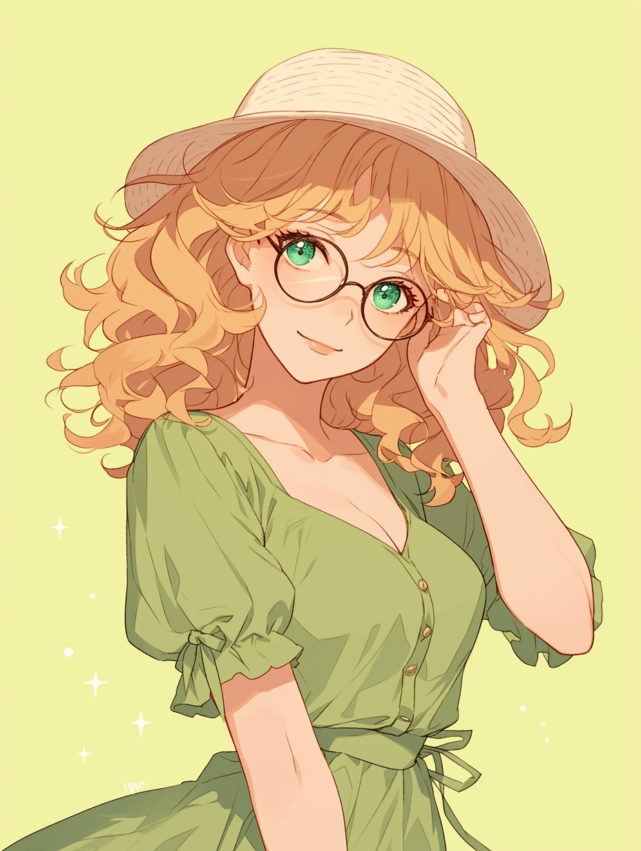 A cute girl with curly hair, wearing glasses and a hat, a green dress, in the style of anime, simple background, light yellow skin tone, simple lines.