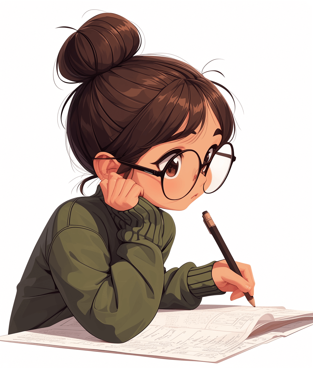 A cute girl with glasses is sitting at a desk and writing something. She has dark brown hair in a bun. She wears a green sweater in the style of a cartoon.