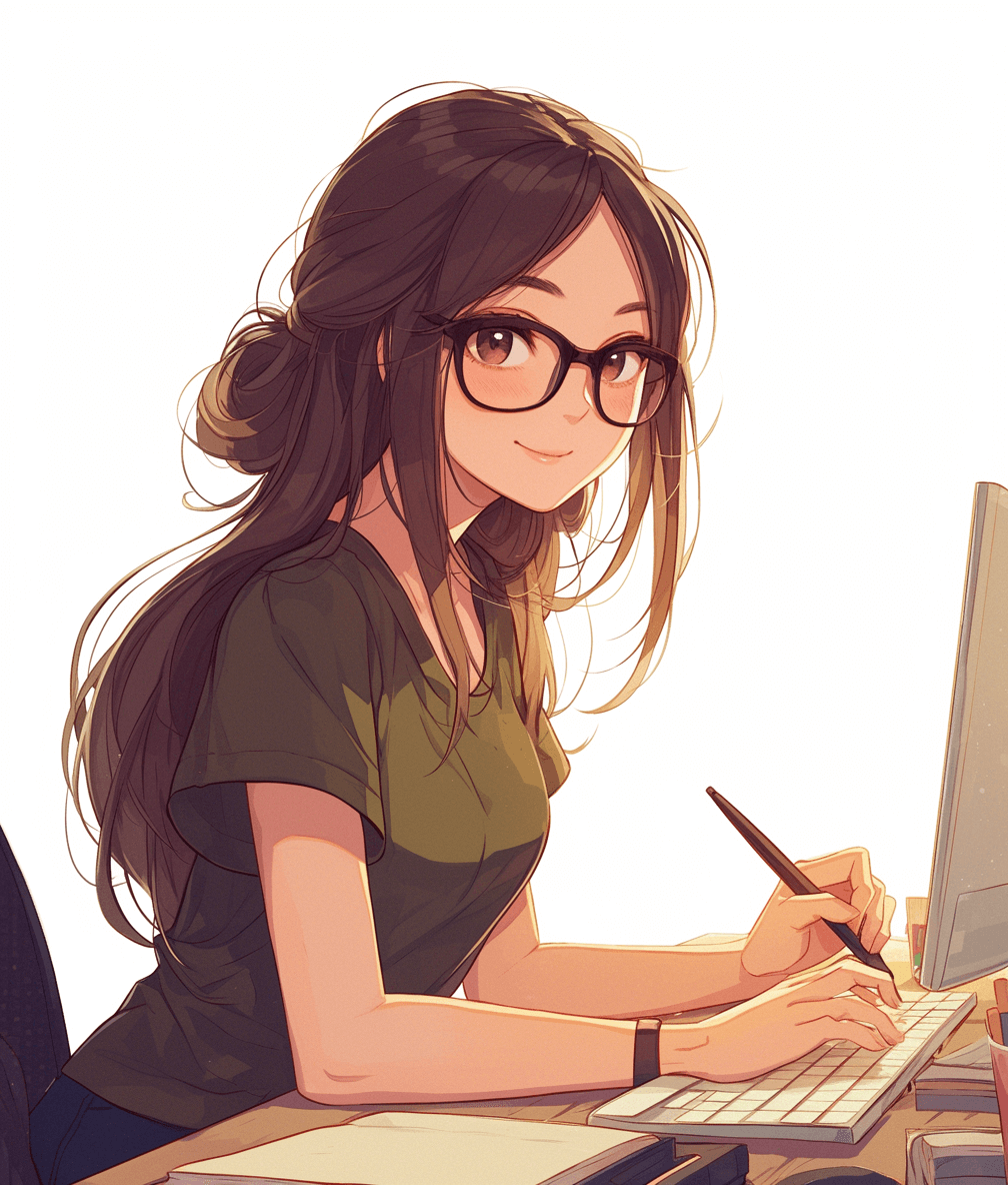 Cute girl with glasses sitting at her desk, working on her computer, with long brown hair in a ponytail, a drawing tablet and stylus beside her hand, a simple background, in the style of cute anime, digital art with bright colors and soft lighting, high resolution.