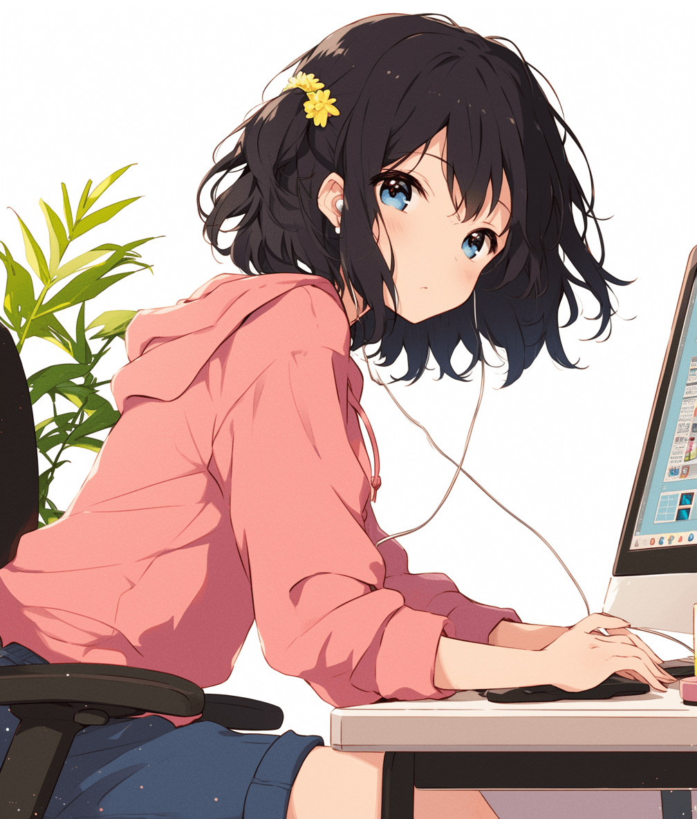 An anime girl sitting at a desk, working on a computer, with black hair with bangs and blue eyes wearing a pink shirt and white short skirt, with a flower in her hair, in the style of anime.