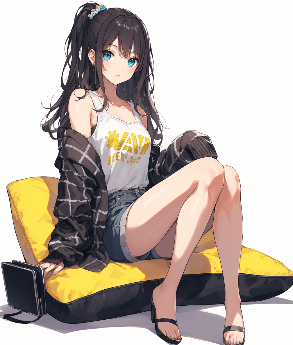 anime shounen illustration in the style of [Krenz Cushart](https://goo.gl/search?artist%20Krenz%20Cushart) of an attractive girl, sitting on a yellow pillow, wearing a white t-shirt and black shorts with a jeans jacket, blue eyes, long hair in a ponytail hairstyle, feet showing from shoes, yellow background, full details, high resolution, flat colors, white background, yellow color tones