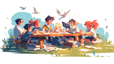 A group of people sitting around an outdoor table, writing and drawing on paper, surrounded by books and birds in the sky. The scene is colorful with flat illustrations, simple shapes, and in the style of a cartoon.