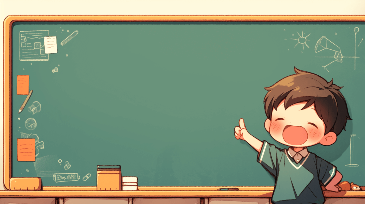 A cute little boy is standing in front of the blackboard, giving a thumbs up pose in the style of anime, cartoon illustration, kawaii art with a simple background. The artwork has a light green color scheme, high resolution, high quality and high detail. The background is cute, cartoon-style and simple.