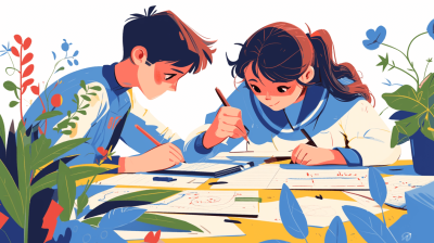 Two students in blue and white uniforms drawing on paper with pencils, surrounded by plants and flowers. The illustration was in a flat style with simple lines and colorful cartoon characters depicted in bright, highly saturated colors. Closeup shots showed the students with focused expressions in an indoor environment.