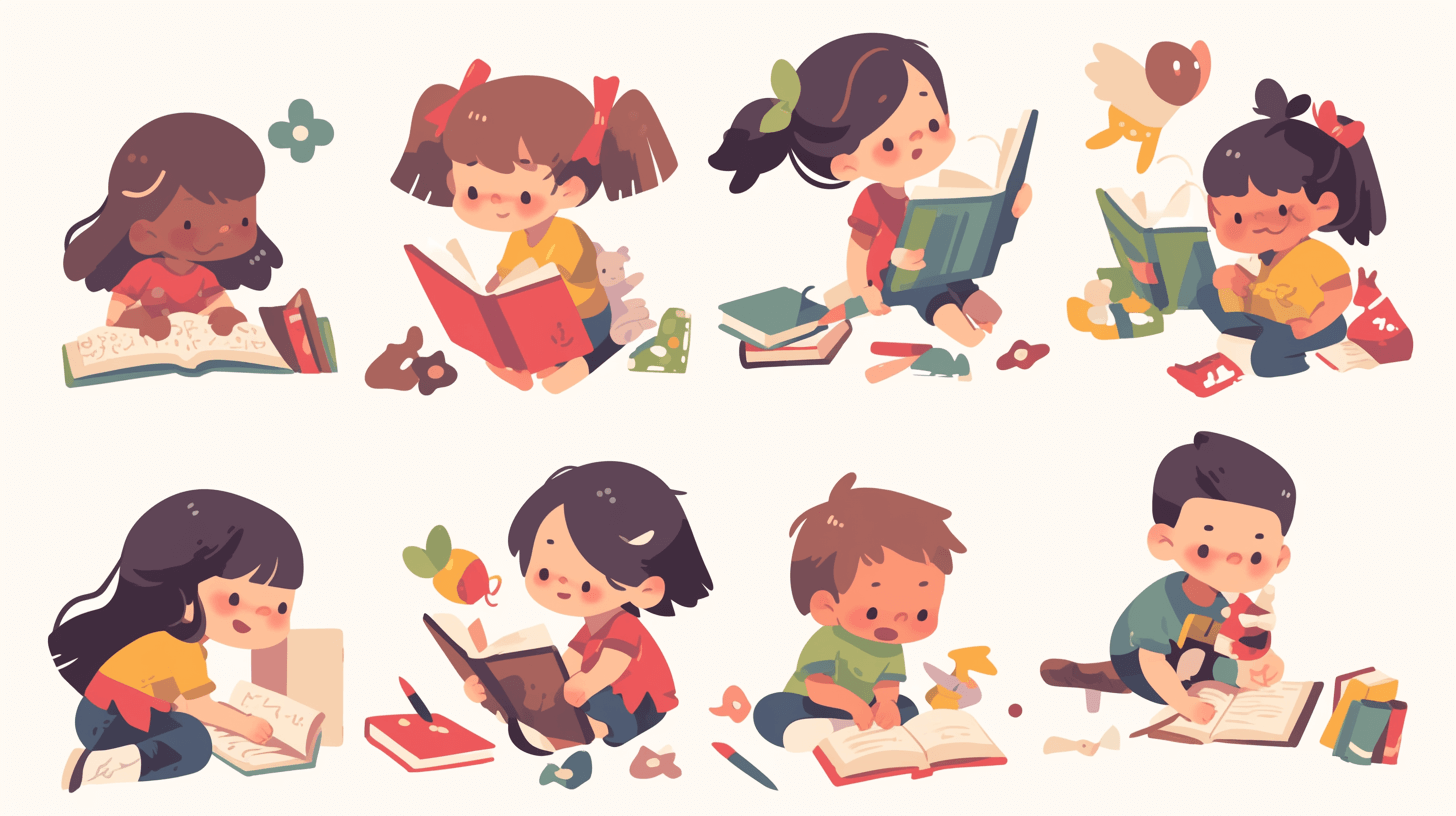 A set of cute cartoon children reading books, playing with toys and drawing in colorful colors on white background, flat design illustration, vector graphic style, simple shapes, flat color blocks, no shadows, minimalistic design, high resolution, high quality, high detail, high definition, professional photograph, professional lighting, high angle view, wide lens, full frame, full body shot, highly detailed