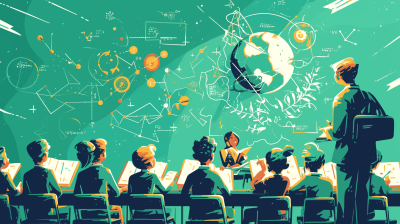 An illustration of students in the classroom, listening to their teacher with an immersive and educational atmosphere. The background features green tones, featuring elements like Earth drawings, icons representing data visualization, charts or graphs, all highlighting scientific themes. A digital whiteboard displays futuristic images or symbols related to science and technology. Illustration in the style of vector art with vibrant colors and detailed textures.