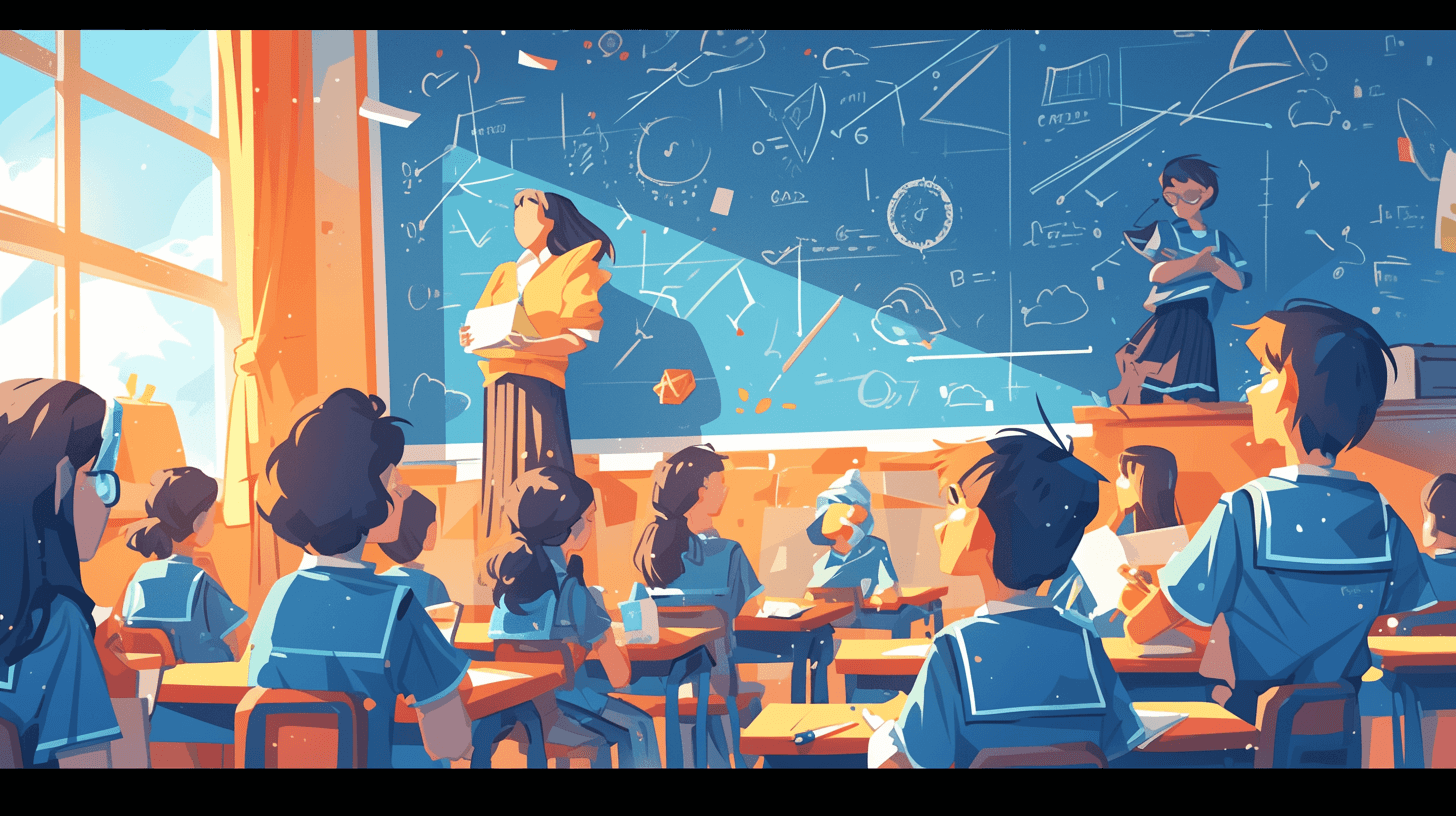 A vibrant cartoon-style illustration of students in uniform sitting at desks, listening to their teacher giving a fun and educational lecture on the concept of physics inside a classroom with a chalkboard and blue walls filled with white doodles. The style should capture attention in the style of children’s book illustrations, focusing on the dynamic movement of characters within the scene.