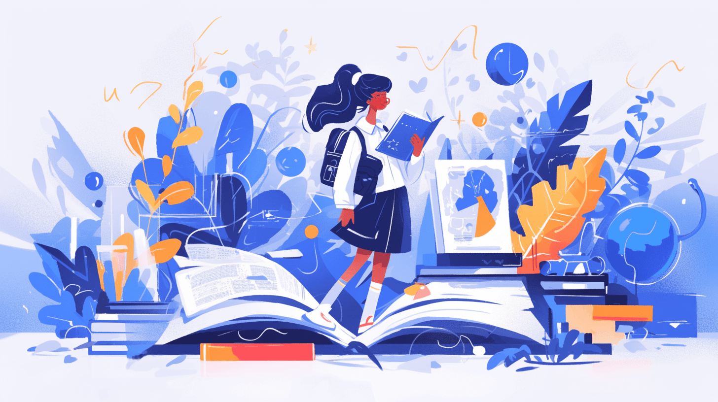 A girl in a school uniform stands on an open book, holding books and papers in her hands, surrounded by symbols of knowledge such as images of people learning online, plants with leaves in shades of blue, orange accents, flat illustrations, vector graphics, white background, blue color palette, simple shapes, minimalistic style, digital art, high resolution. The overall atmosphere is one that radiates the joy and excitement for study and growth. Vector illustration in the style of high quality. White background. No mockup. No text,