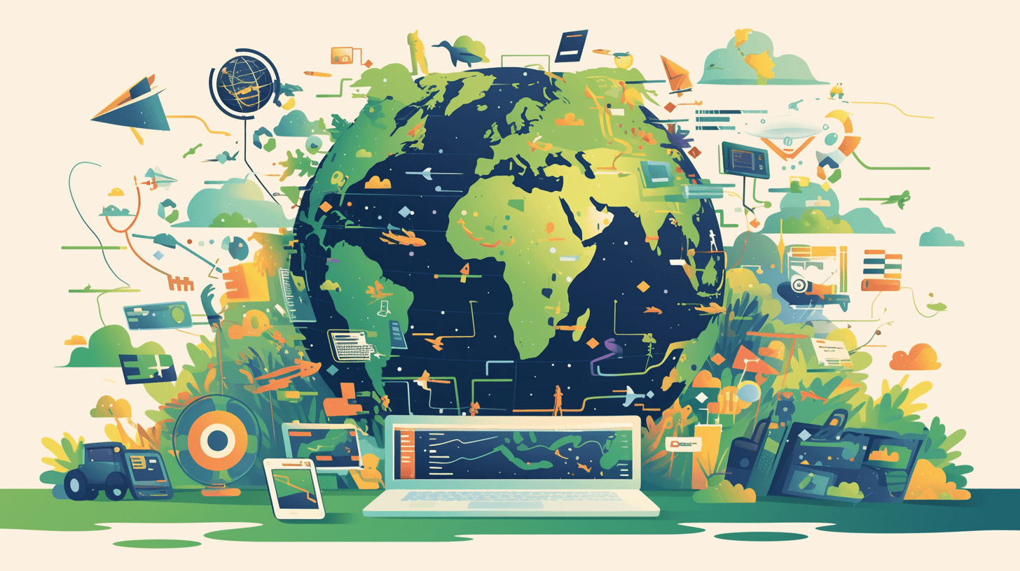 A flat illustration of the Earth surrounded by various digital icons such as laptops, smartphones and cables representing global connectivity. In the style of editorial illustrations. The design incorporates earth tones with green accents, uses vector for details on laptop screen showing data visualizations.