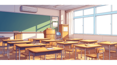 A Japanese-style anime illustration of an empty classroom with desks and chairs arranged neatly, featuring large windows on the right side that allow sunlight to shine in from outside. The background features a blackboard hanging above several wooden desk surfaces, creating a warm atmosphere in light brown tones. This scene is presented as a vector graphic design with flat colors. It's a full-body shot of the entire room, captured from a directly front view. The illustration is in the style of Japanese anime.