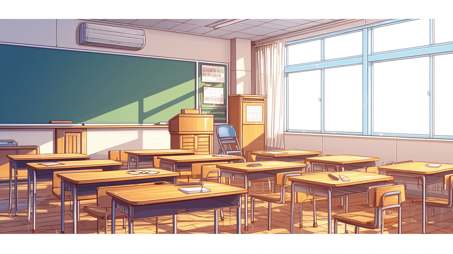 A Japanese-style anime illustration of an empty classroom with desks and chairs arranged neatly, featuring large windows on the right side that allow sunlight to shine in from outside. The background features a blackboard hanging above several wooden desk surfaces, creating a warm atmosphere in light brown tones. This scene is presented as a vector graphic design with flat colors. It’s a full-body shot of the entire room, captured from a directly front view. The illustration is in the style of Japanese anime.