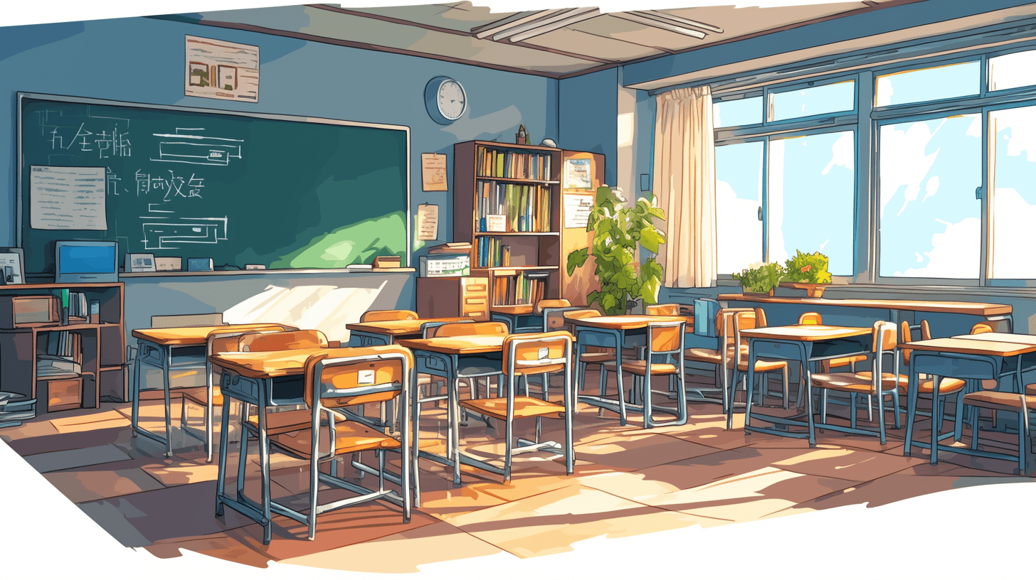 A cute Japanese-style illustration of an empty classroom with desks and chairs arranged neatly, featuring wooden tables and blue walls adorned with blackboards filled with characters, creating a warm atmosphere in the sunlight. The illustration is a digital art with soft lighting and a vibrant color palette, in the style of anime.