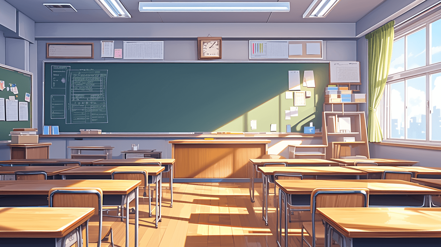 A simple cartoon-style anime classroom background with desks and blackboards, bathed in warm sunlight. The style should have clean lines for easy text or logo placement. This scene is designed to be an ideal setting for educational visuals or product branding in the style of the chalkboard.