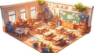 An isometric classroom in the warm cozy atmosphere depicted in the style of anime, with detailed wooden furniture and students working on their projects. The space is also used as an art studio with some digital drawing tables. The artwork includes children's book illustrations and cute cartoonish 2D game art designs, all in high resolution.