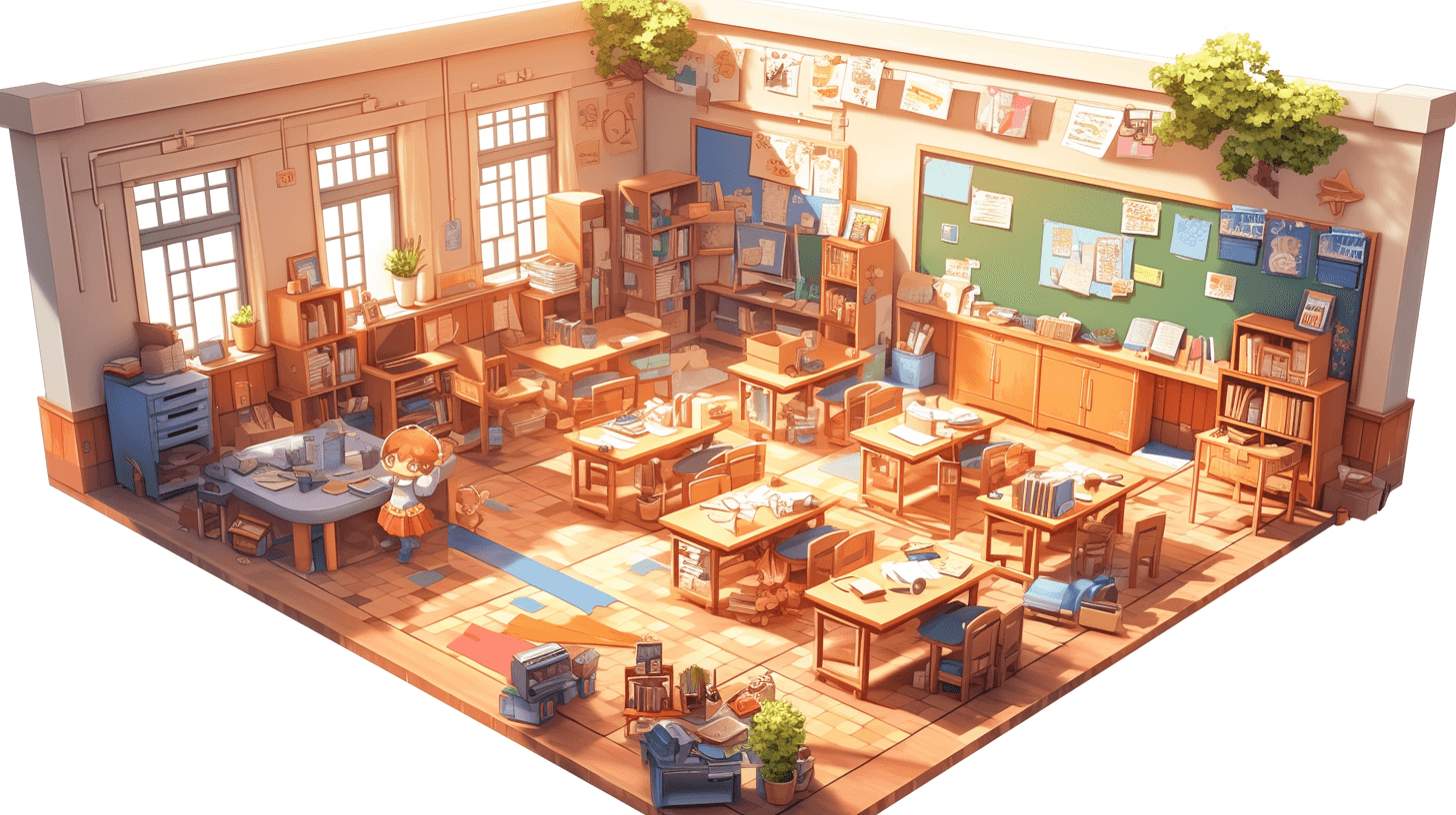 An isometric classroom in the warm cozy atmosphere depicted in the style of anime, with detailed wooden furniture and students working on their projects. The space is also used as an art studio with some digital drawing tables. The artwork includes children’s book illustrations and cute cartoonish 2D game art designs, all in high resolution.