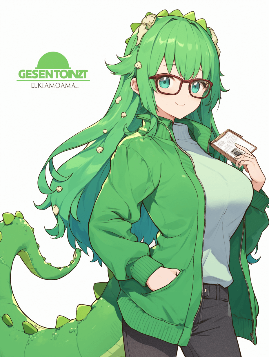 A green dragon with long hair and glasses, wearing an emerald-colored jacket over her white shirt. She has one hand in the pocket of that shirt while holding up a card or photo to look at it. The name “Bindofton Dellฃkamakot” is written on top of her head. In the style of anime, she’s depicted as a cheerful character with vibrant colors. Her skin tone is light pinkish-white, giving off a cute vibe.