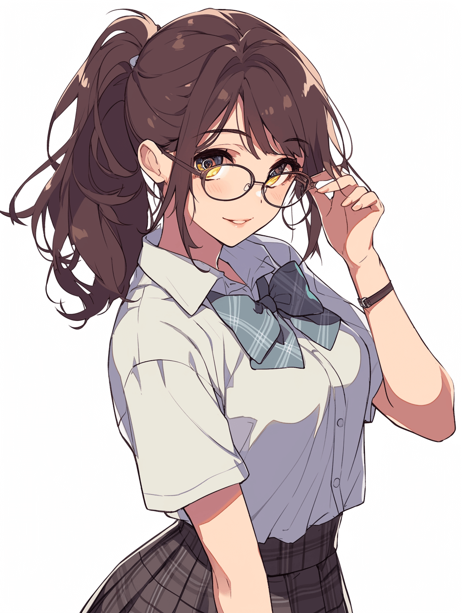 moe anime, beautiful girl in glasses and school uniform, holding her hair up with one hand, smiling at the viewer, high quality artwork in the style of a Japanese artist.