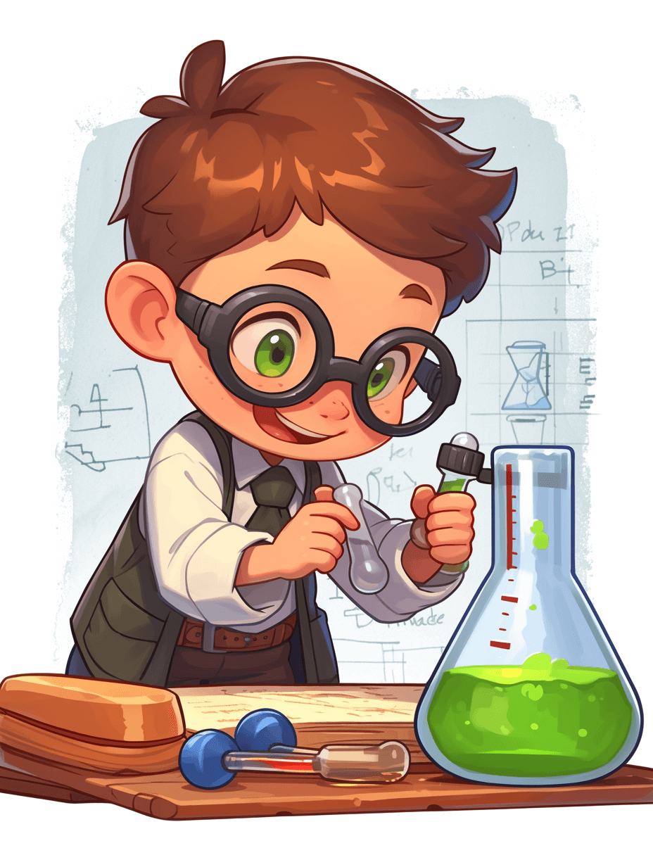 A cute cartoon boy with green eyes, wearing glasses and suspenders is conducting an experiment in the laboratory. He has brown hair and holds tools to mix green liquid inside his beaker on a white background. The background features math equations and experimental equipment. It is a cartoon style illustration with bright colors and exaggerated proportions, in the style of digital art with vector graphics.