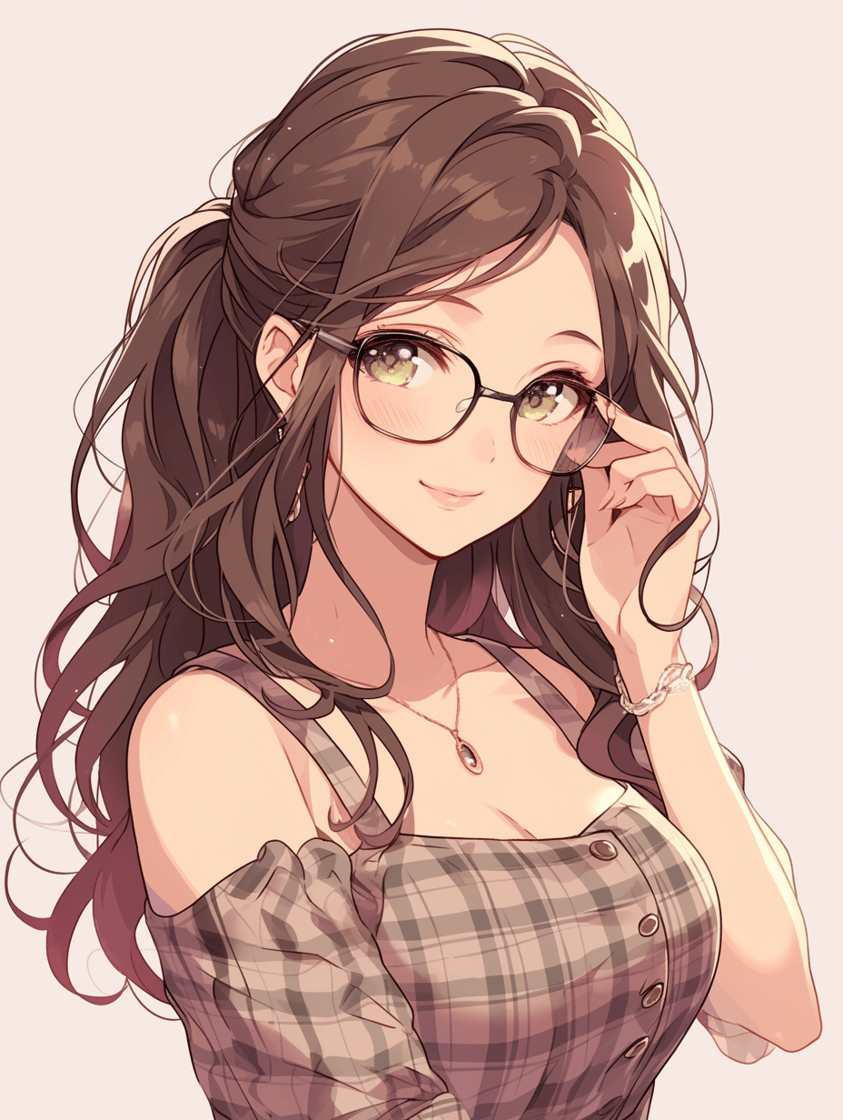 Cute girl wearing glasses, plaid dress, long hair, smile, Japanese anime style illustration style, light background, high quality, detail