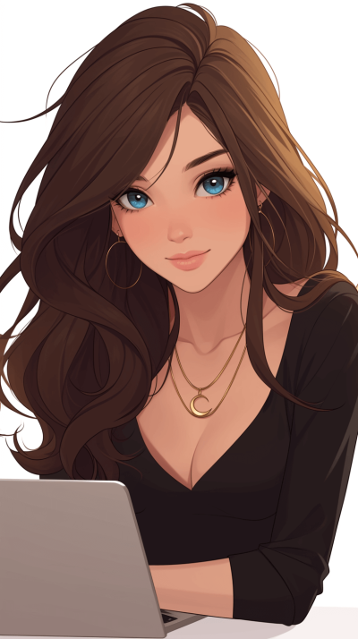 Beautiful anime girl with long brown hair and blue eyes, sitting at a desk in front of a laptop, smiling softly. Her expression is a soft smile, showing her confidence and beauty. She has beautiful necklaces around her neck, adding to her elegance and allure.