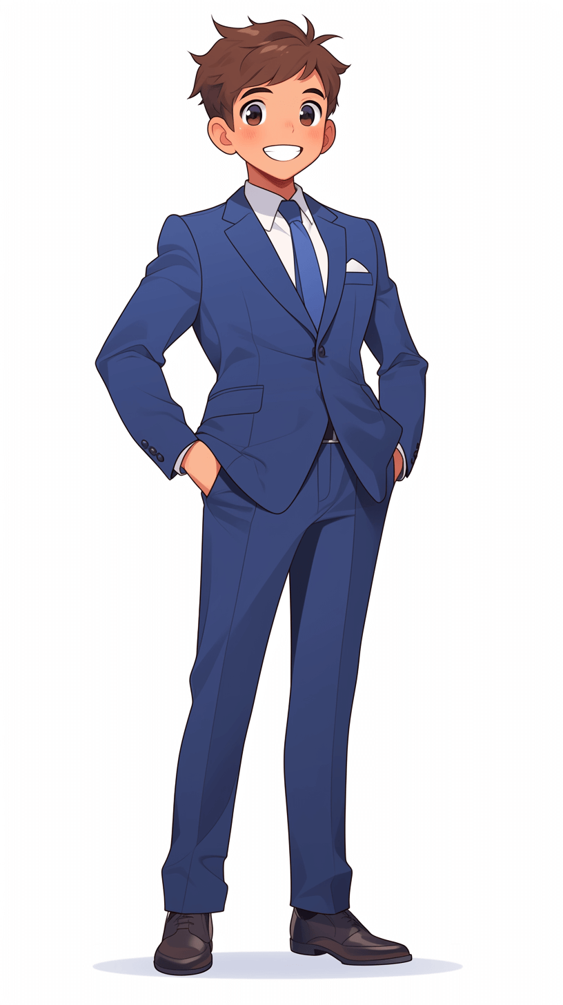 A young male character wearing a formal blue suit, smiling and standing upright with his hands in his pockets. He has brown hair, big eyes, and is handsome in the style of a cartoon. The background of the illustration should be white to highlight him as he stands tall against it. in the style of anime or manga.