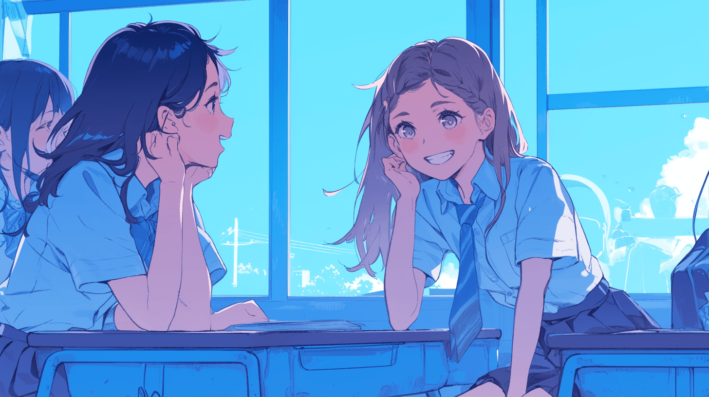 Closeup of two girls sitting at their desks, one girl is smiling and talking to the other with her hand on her cheek, light blue background, in the style of anime, light colors, cute illustration, high detail