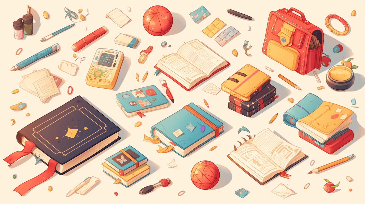 A flat illustration of school supplies, books and backpacks scattered on the ground in the style of 2D game art, isometric view, vector illustrations, simple background, high resolution, rich in detail, bright colors, cute cartoon design with red details, high quality.