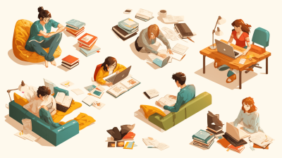 A group of people are studying in an isometric view, with books and papers scattered around them. They are sitting in different poses on couches or at desks with laptops, in the illustration style. The colors should be bright and vibrant to symbolize energy and creativity. Use warm tones like yellows, oranges, reds, and greens for the background color to highlight their expressions as they study.