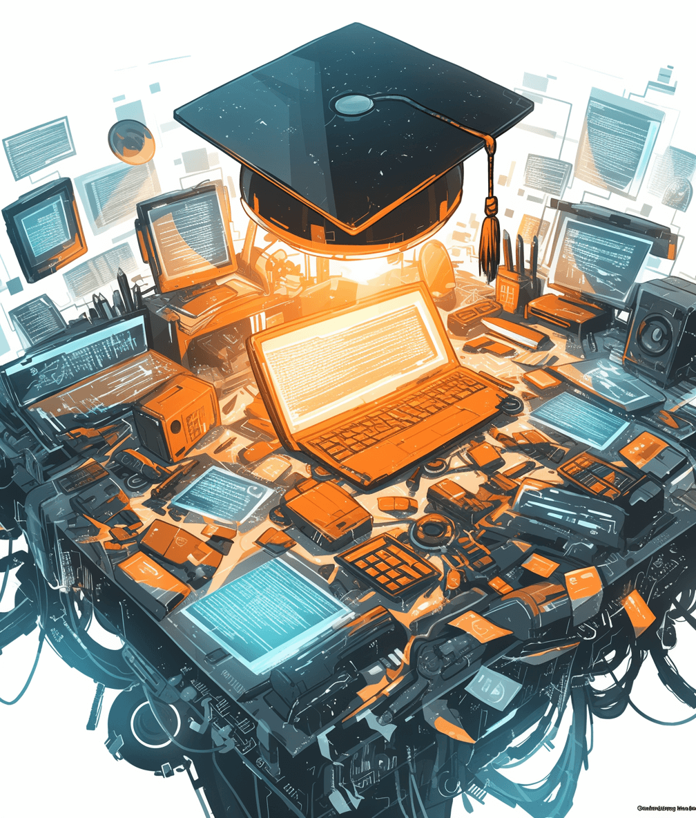 An overhead view illustration of the top half of a graduation cap sitting on top of computer equipment, surrounded by laptops and mobile phones with orange highlights on a white background. The art has an orange tone with clean lines, detailed character design, and high resolution in the style of a vector design. The professional photography features an atmospheric cinematic shot of the epic scene and its intricate details, rendered in a hyper-realistic style.