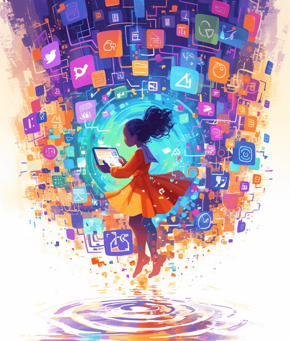 A girl holding an iPad jumps into the water surrounded colorful social media icons, in the cartoon style, digital art illustration uses bright colors with rich details in a full body portrait against a fantasy background with glowing light effects, presented at high resolution.